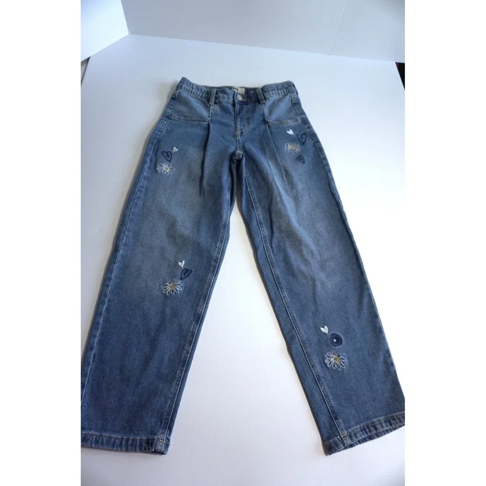 SO Girls Embroidered Heart Daisy Floral Straight Leg Denim Jeans Blue Size 10